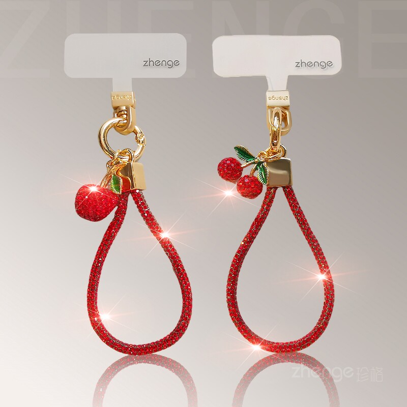 红色闪钻指环手机挂绳结实耐用女士超好看小众精致高级感吊坠饰品户外旅游出行防丢摔电话套壳拇指小吊绳新款