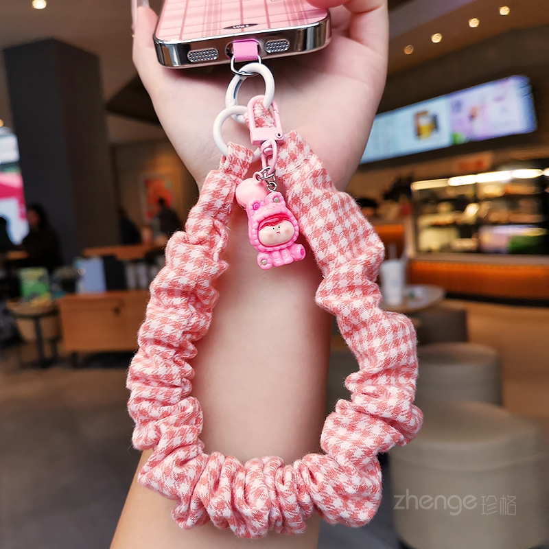 虹客手机挂绳简约时尚女士格子布大肠圈手腕绳短款户外登山旅游行拍照防丢摔手提链带子电话套壳挂件通用新品