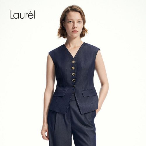 Laurel劳芮新款复古摩登中性牛仔蓝收腰马甲女LWD341B00800