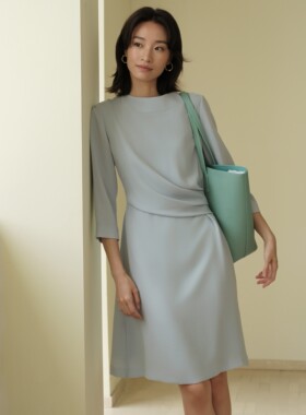 Laurel劳芮进口三醋酸淡人收腰显瘦气质中袖连衣裙女LWD323Y60100