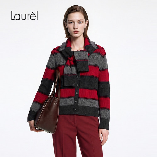 【山羊绒】Laurel劳芮26秋新款撞色珠片条纹V领开衫LWL373M07800