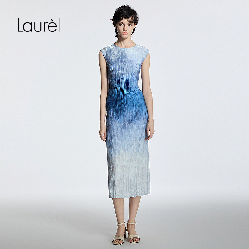 Laurel劳芮25春新款泼墨印花波嬉压褶连衣裙女LWD341Y08800