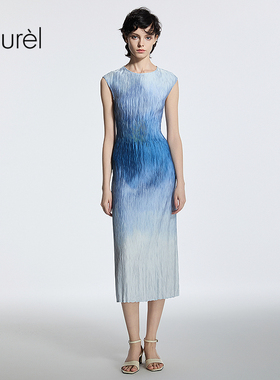 Laurel劳芮25春秋新款泼墨印花波嬉压褶连衣裙女LWD341Y08800