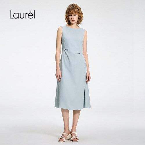 Laurel劳芮26夏新款圆领侧扭褶垂感无袖连衣裙LWD371Y07700