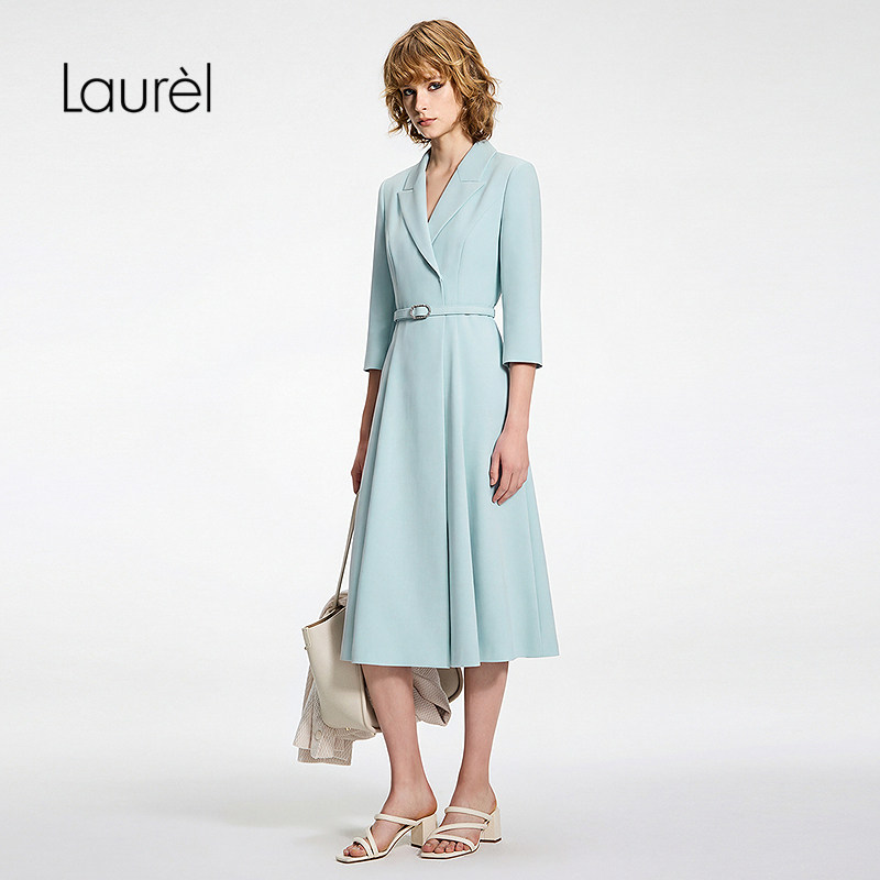 Laurel劳芮26夏新款雾蓝系带收腰七分袖西装连衣裙LWD371Y06000