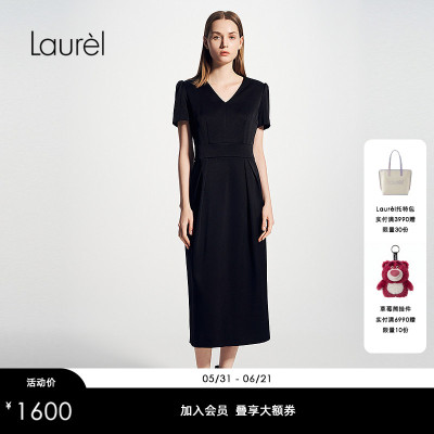 【三醋酯纤维】Laurel劳芮新款V领收腰小黑裙女LWD356Y033DX