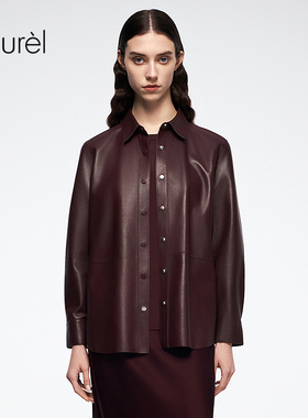 【羊皮】Laurel劳芮新款勃艮第宽松皮革衬衣女LWL363X00700