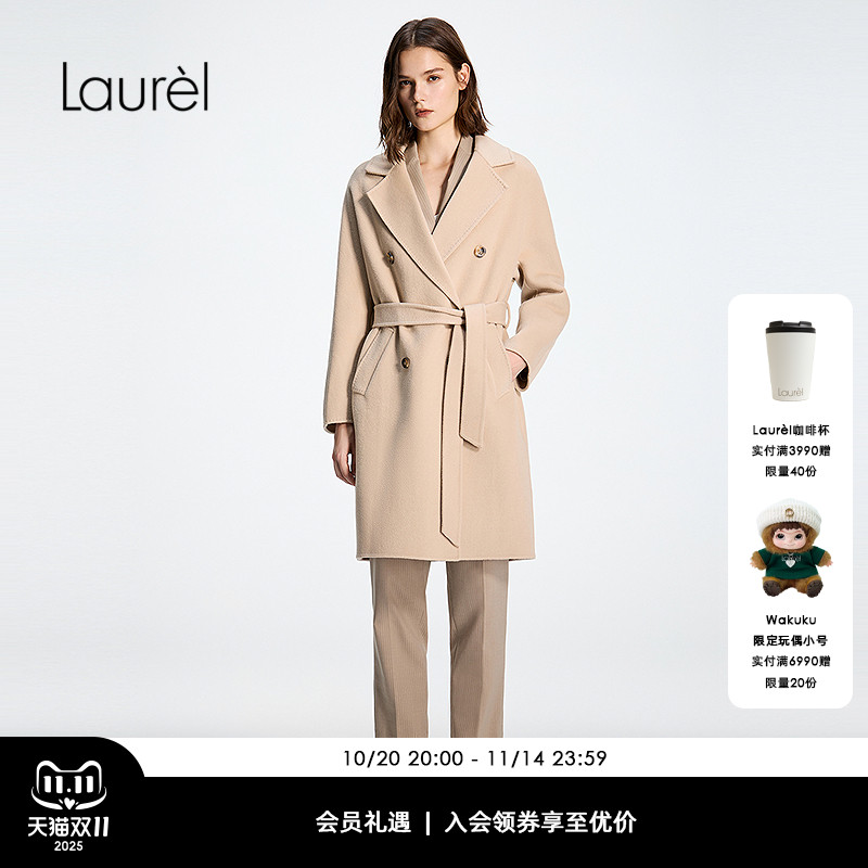 【绵羊毛】Laurel劳芮25秋新款羊毛绒双排扣收腰大衣LWD354D300DX