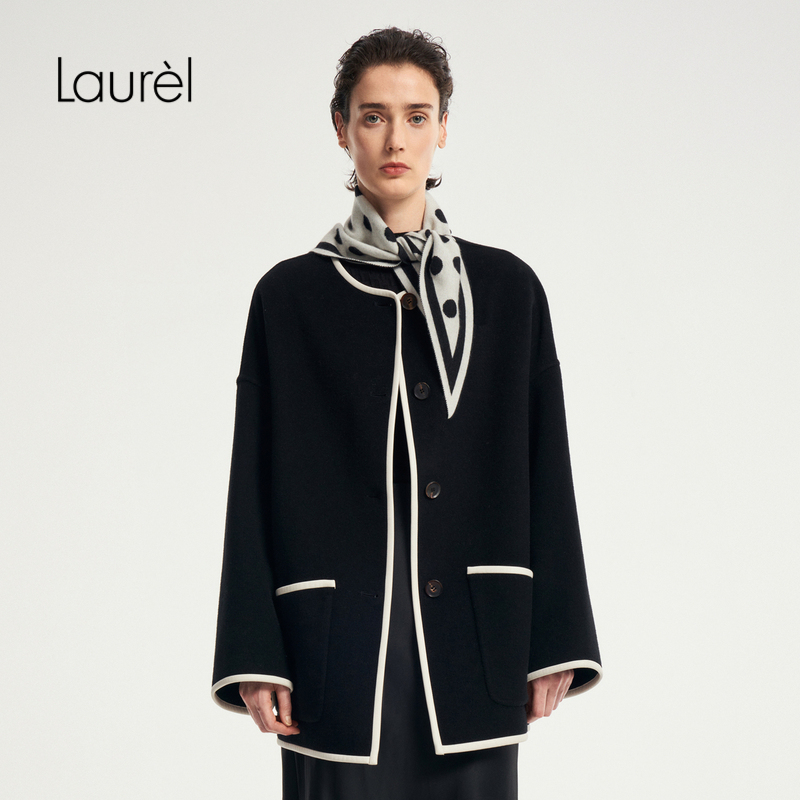 【绵羊毛】Laurel劳芮新款羊毛圆领黑色大衣女LWD353D01800