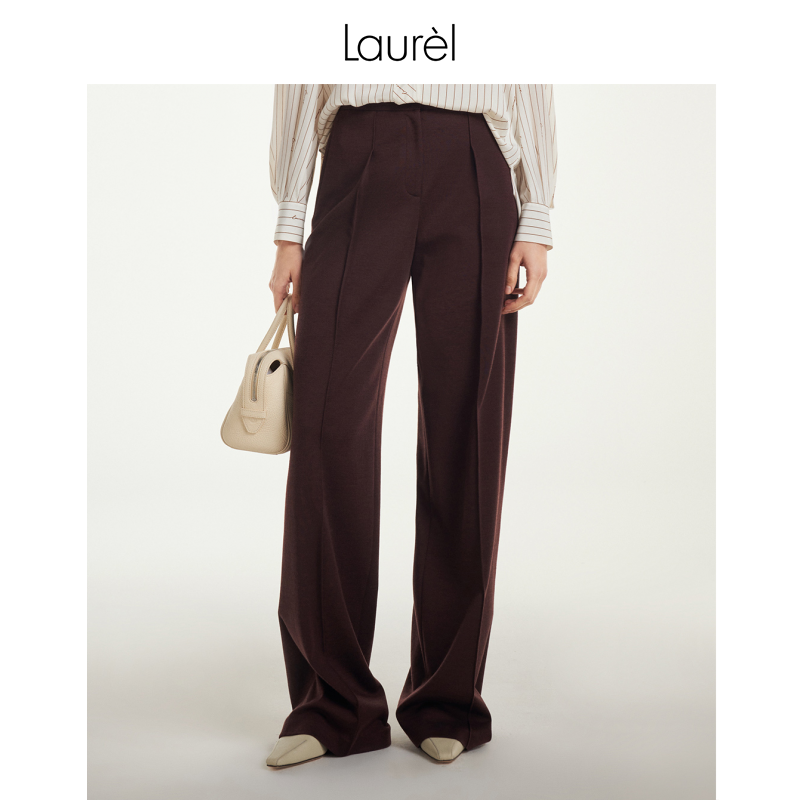 LAUREL酒红色窄腰头直筒裤