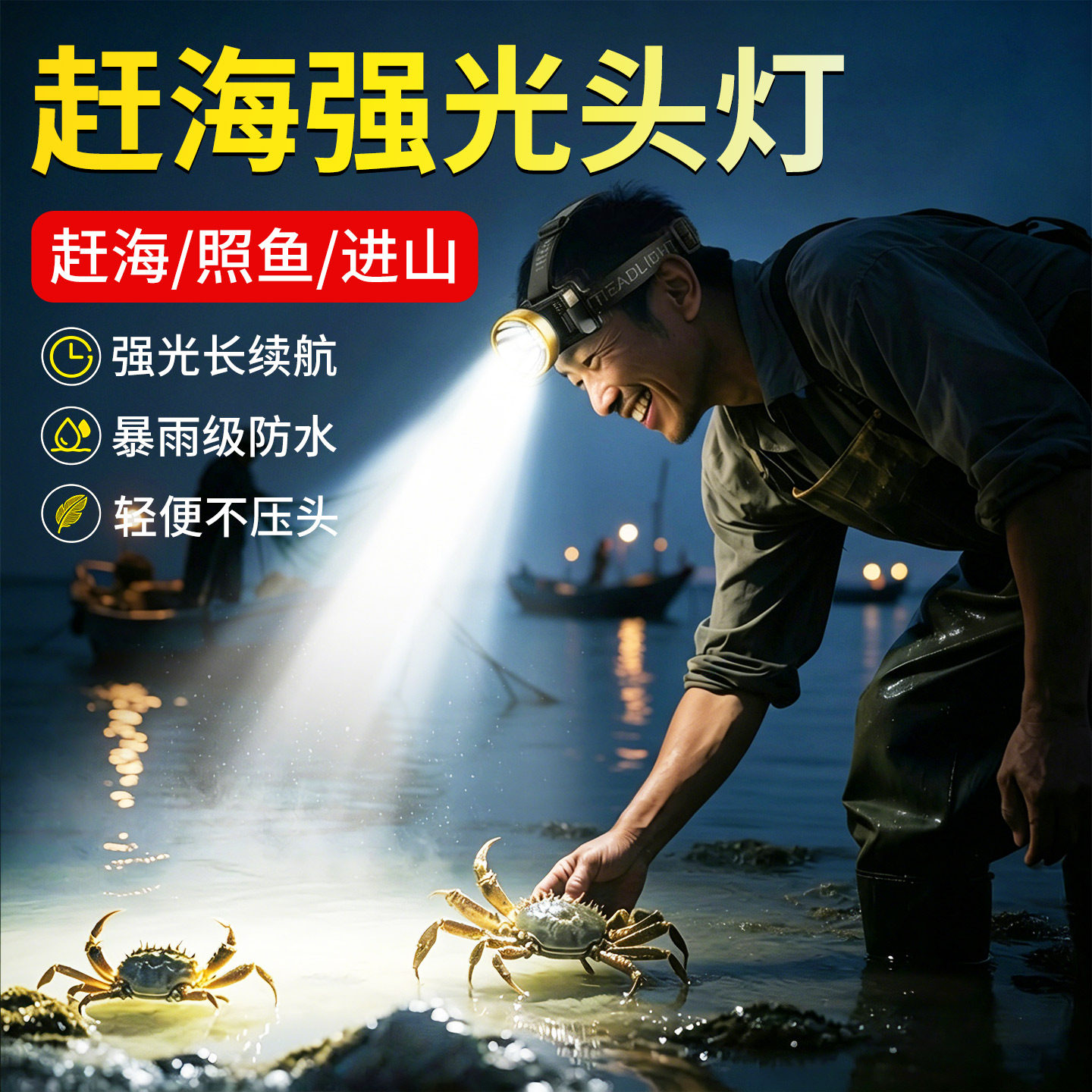 微笑鲨赶海专用头灯抓螃蟹2026新款强光超亮充电头戴式照明灯矿灯
