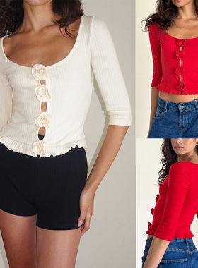 New women's threeflower fungus edge short knitted sweater