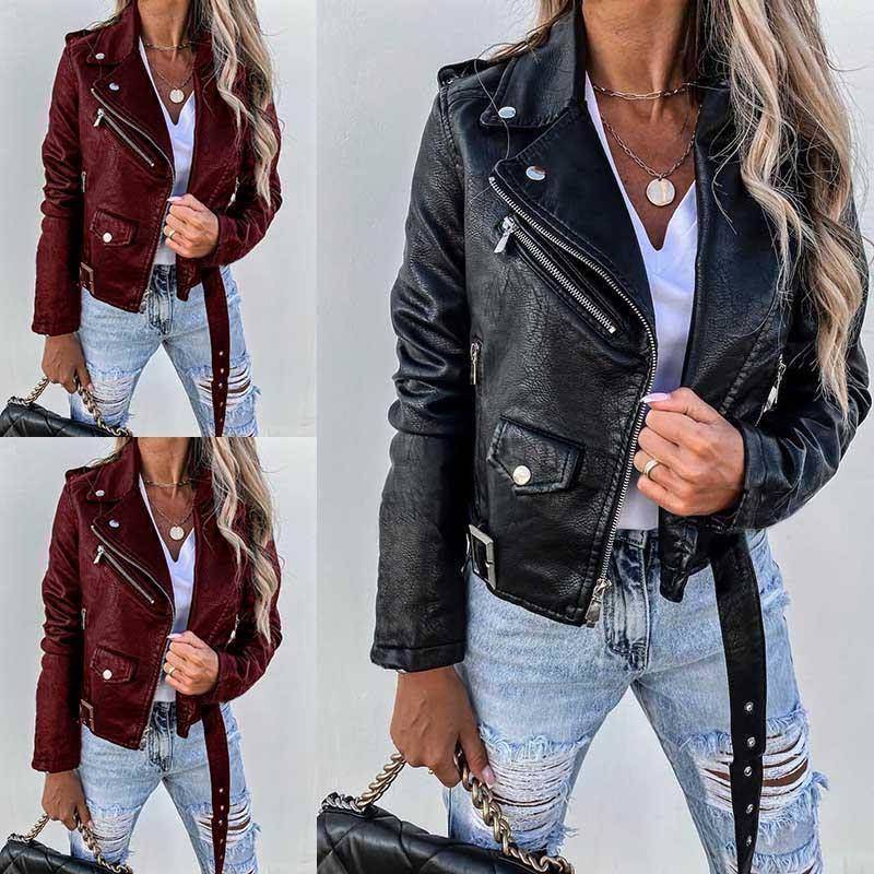 欧美风拉链机车pu皮衣外套 S-3XL jacket women fur coat leather