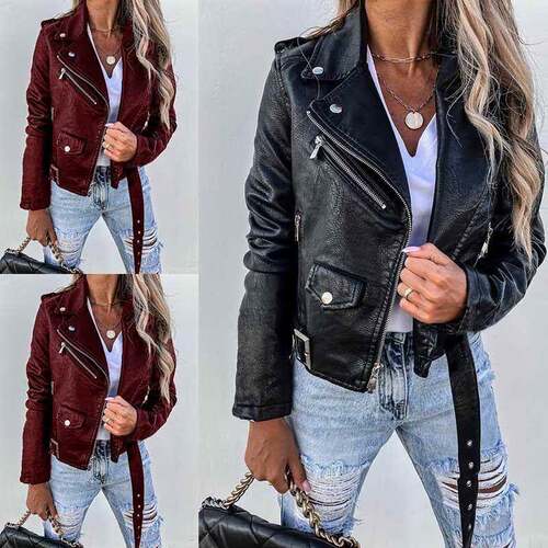 欧美风拉链机车pu皮衣外套 S-3XL jacket women fur coat leather
