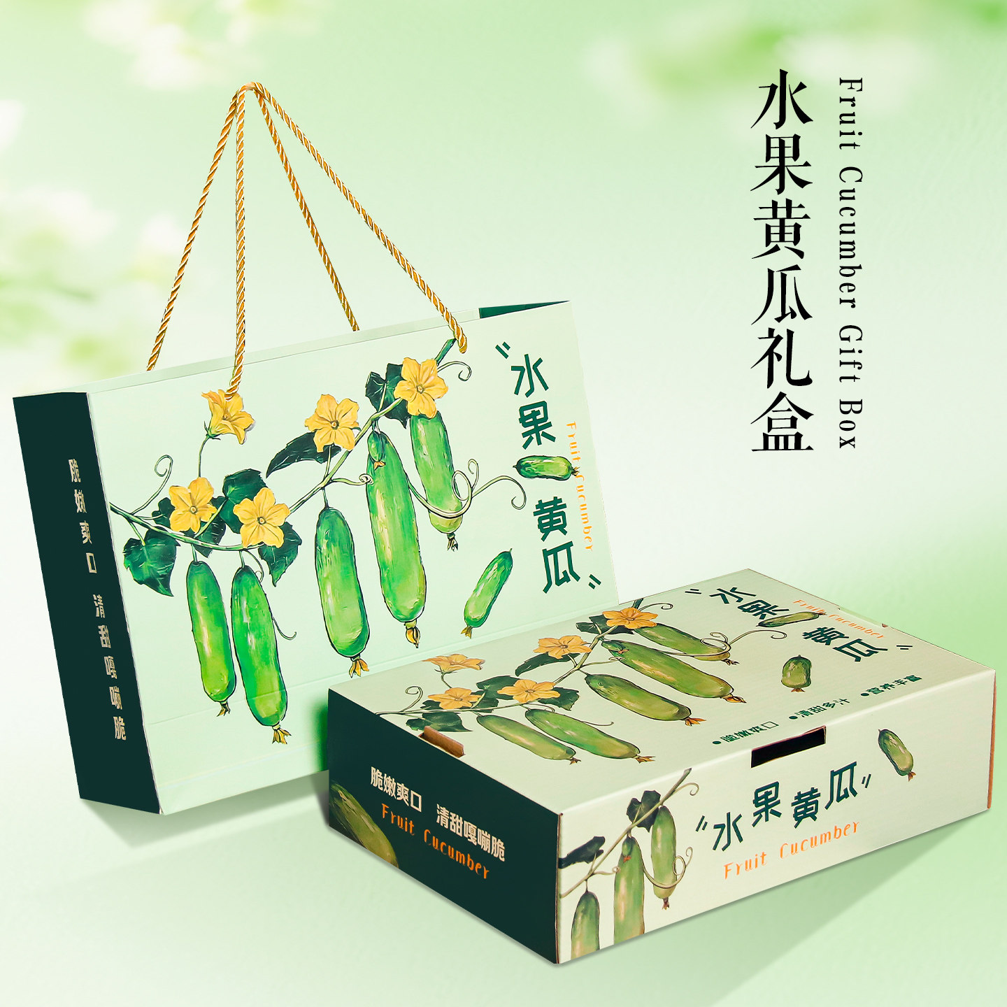 油画风水果小黄瓜包装盒手提空盒图片