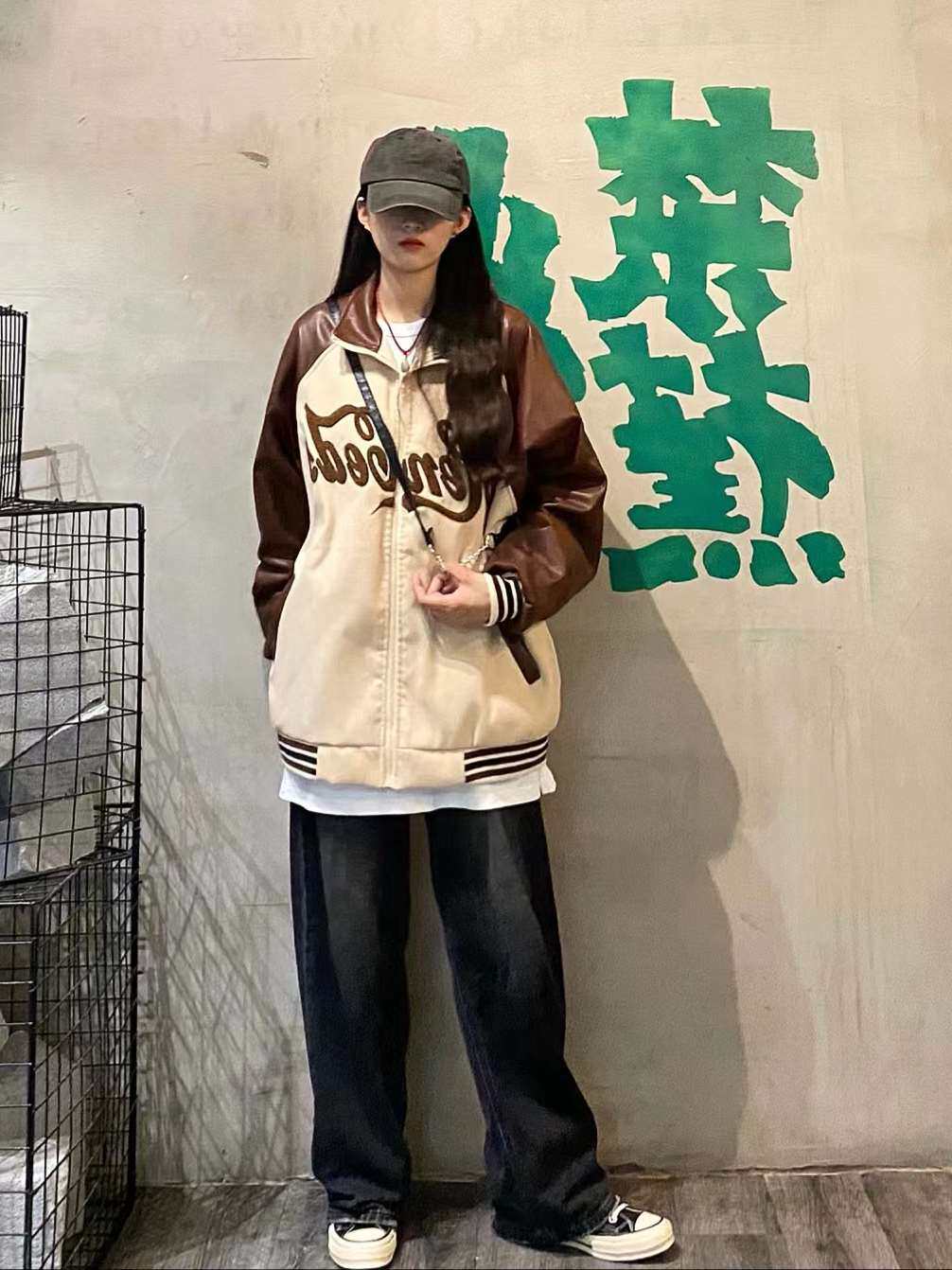 美式复古街头卡其色外套女2022秋季拼接休闲棒球服高街夹克外套