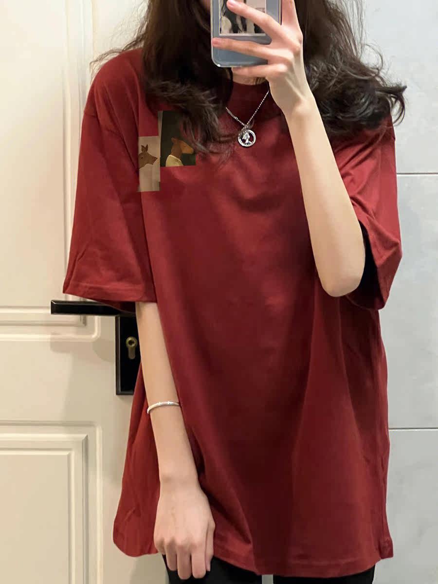 纯棉国潮复古酒红色短袖t恤女夏季宽松百搭*小众设计感上衣