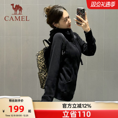 骆驼小蛮腰外套女2025秋季针织加绒连帽卫衣收腰显瘦户外修身开衫