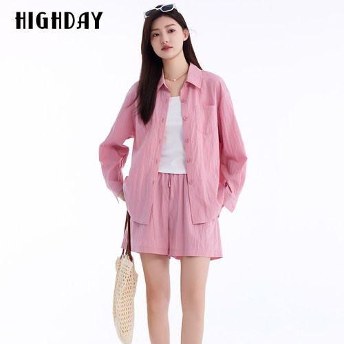 HIGHDAY轩日2026夏新款粉色肌理感休闲短裤女抽绳宽松显瘦百搭