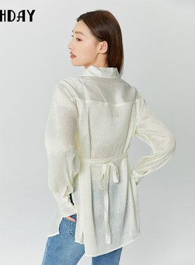 highday轩日2023秋新款微透中长款衬衣女小众开叉肌理感收腰衬衫