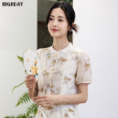highday轩日2026夏装短袖温柔上衣女新中式优雅泡泡袖印花衬衣ins