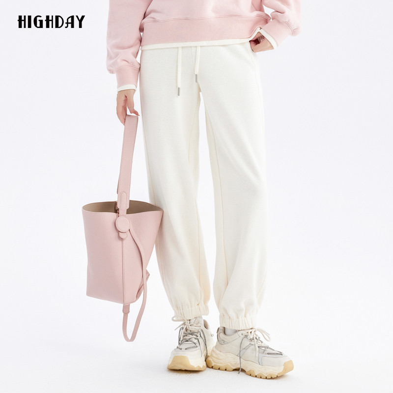 轩日2024冬季商场同款高腰休闲裤女新款简约白色束脚运动裤长裤子