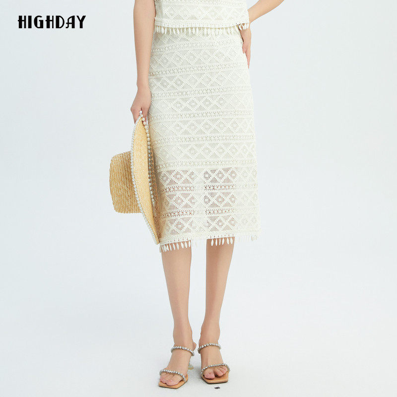 highday轩日2026夏季新款高腰半身裙女菱格镂空包臀设计感中长裙