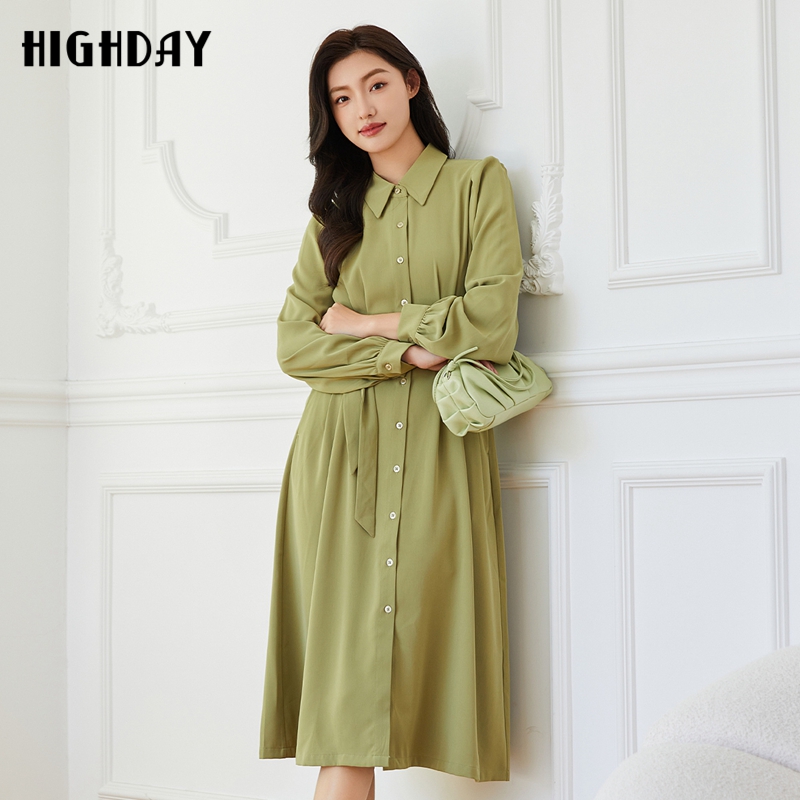 highday轩日2025春秋新款纯色衬衫裙女长袖单排扣修身翻领连衣裙