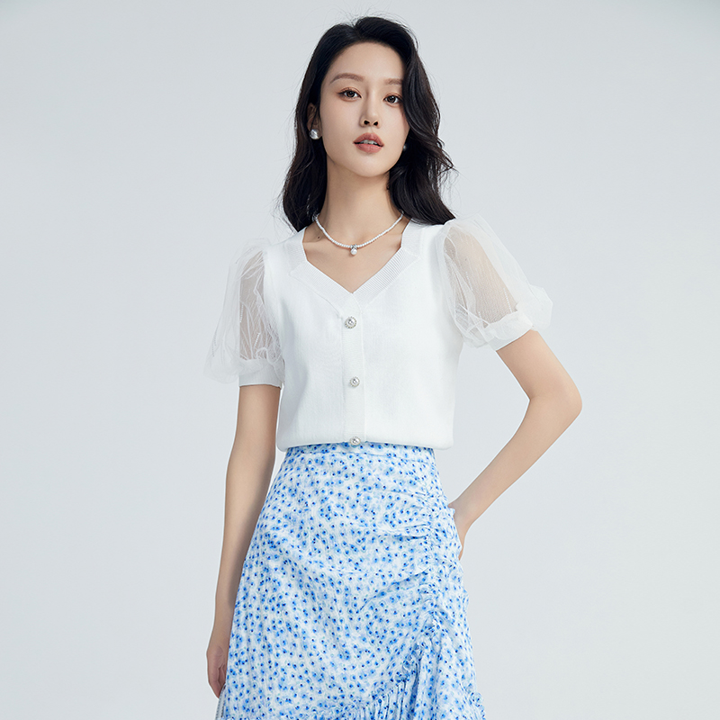 鲁思蒂V领网纱泡泡袖薄开衫上衣