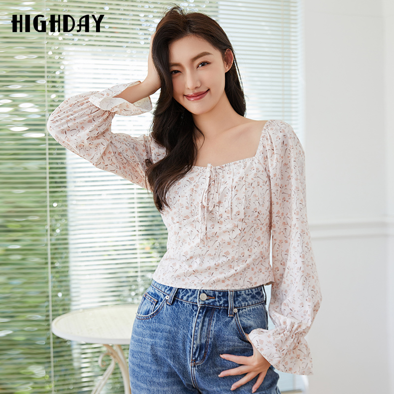 轩日商场春秋女2024春秋新款方领碎花长袖上衣女洋气印花短款衬衣