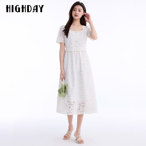 HIGHDAY轩日2026夏新款白色蕾丝方领连衣裙女收腰气质显瘦中长款