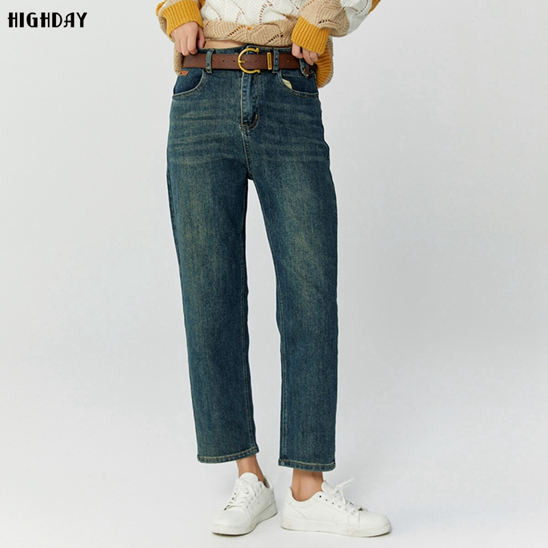 highday轩日2025春秋新款做旧牛仔九分长裤女复古高腰直筒裤子潮