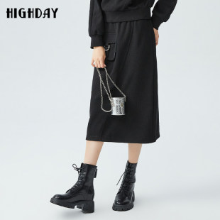 轩日高腰黑色中长裙女2025春秋新款 运动风口袋一步裙过膝半身裙潮