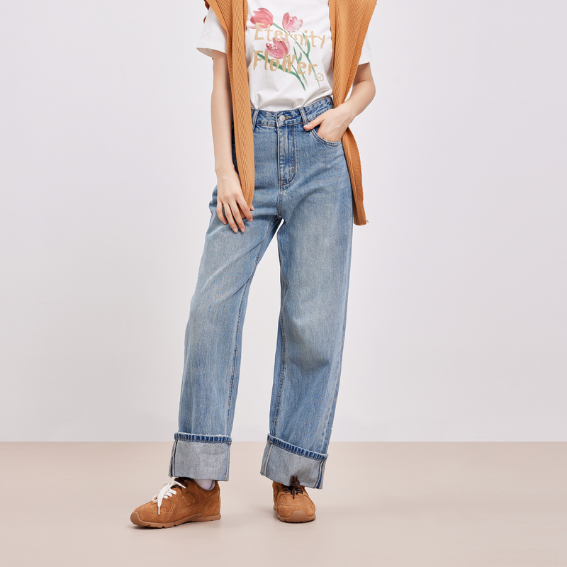 鲁思蒂牛仔长裤2024新款女春秋气质高腰宽松显瘦时尚休闲直筒裤子