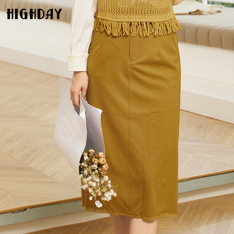 highday轩日商场同款23秋新款高腰包臀裙女纯色开叉半身裙一步裙