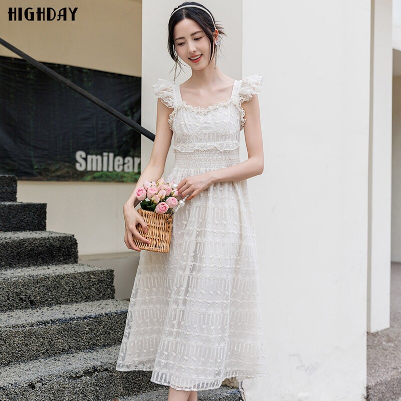 highday轩日24夏装背心裙女新白色木耳花边无袖连衣裙修身仙女裙