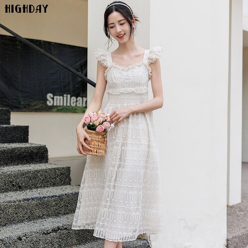 highday轩日24夏装背心裙女新白色木耳花边无袖连衣裙修身仙女裙