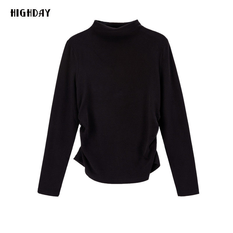 轩日2024冬季商场同款黑色设计感半高领打底衫女长袖修身抽褶T恤,女装/女士精品,T恤,淘宝优惠券,粉丝福利购,淘宝优惠卷
