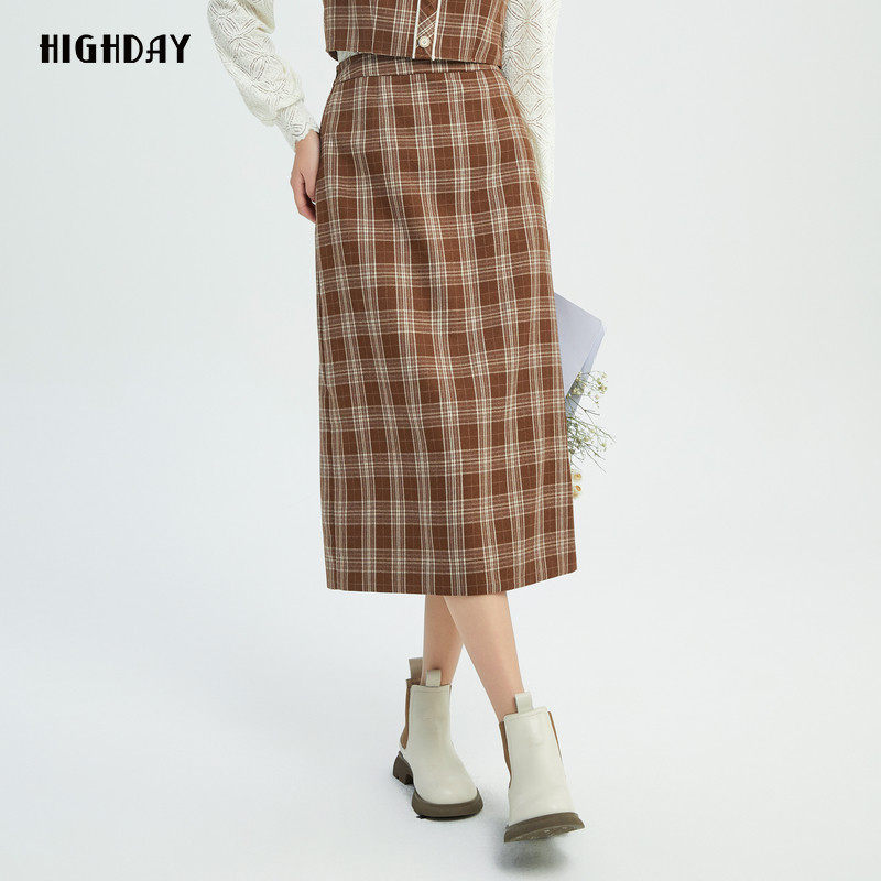 轩日2024商场同款洋气高腰半身裙女秋季新款复古格纹中长裙一步裙,女装/女士精品,半身裙,淘宝优惠券,粉丝福利购,淘宝优惠卷