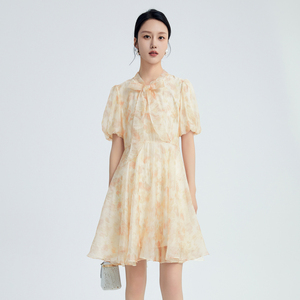 鲁思蒂印花短袖连衣裙2026新款女夏季小个子气质时尚显瘦中长裙子