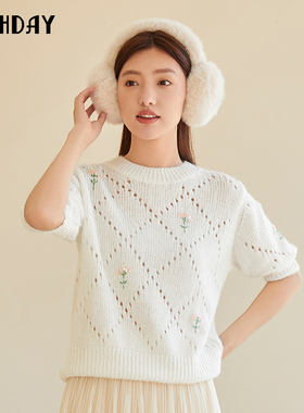 highday轩日2023春秋新款圆领短袖针织上衣女镂空钉珠优雅毛衫ins