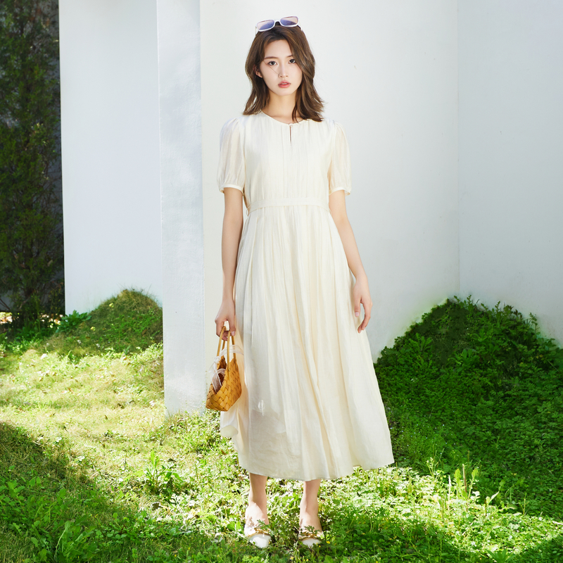 鲁思蒂短袖连衣裙2024新款女夏季小个子气质时尚显瘦长款过膝裙子