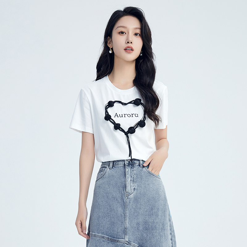 鲁思蒂宽松短袖t恤女2025新款夏季小个子时尚休闲设计感圆领上衣