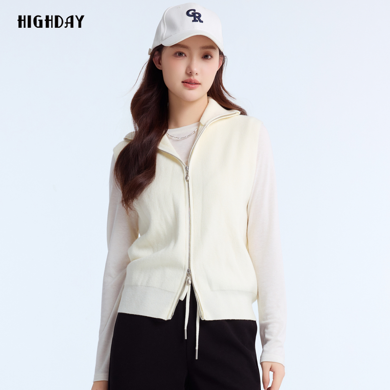 highday轩日米色针织背心2025春季新款无袖落肩休闲翻领上衣