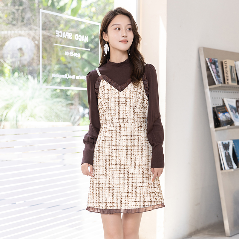 Lucidy/鲁思蒂格子V领吊带连衣裙