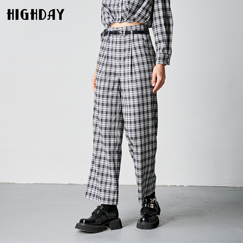 highday轩日春秋高腰裤子女简约长裤复古格纹休闲裤帅气直筒裤ins