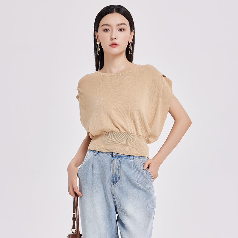 鲁思蒂短袖蝙蝠袖针织衫2024新款女夏季宽松圆领薄款凉感套头上衣