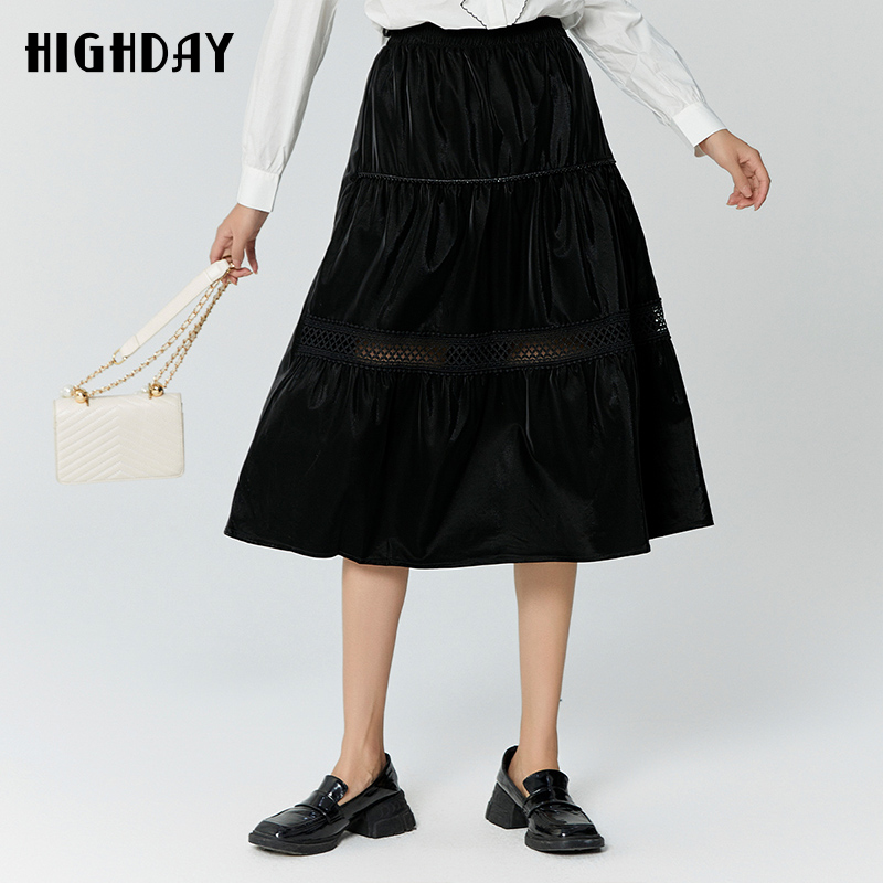 highday轩日2023春秋高腰黑色半身裙女a字设计感过膝裙ins中长裙