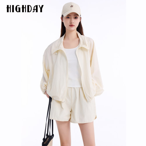 HIGHDAY轩日2026夏新款米白色立领防晒衣女轻薄透气宽松拉链外套