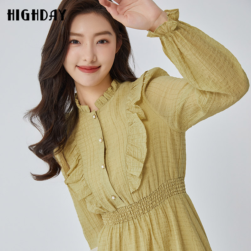 轩日2024春秋新款修身法式长袖女裙商场荷叶边长袖连衣裙过膝裙潮